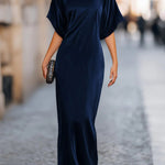 Solid Color Round Neck Short-sleeved Elegant Draped Maxi Dress