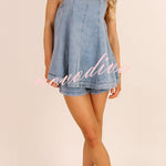 Adventure Awaits Denim Vertical Seam Sleeveless Flare Hem Top and Elastic Waist Pocket Shorts Set