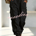 Street Style Solid Color High Waist Pocketed Loose Fit Cargo Pants