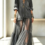 Retro-style Faux Denim Long Sleeve Pocket Tulle Hem Shirt Maxi Dress