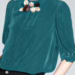 Elegant Blackish Green Stand Collar Floral Silk Velour Top Short Sleeve
