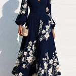 Floral Print V-neck Long-sleeved Fitted Waist Casual Maxi Dress