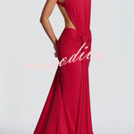Thekla Stretch Slinky Jersey High Neck Ruched Backless Drape Maxi Dress
