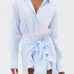 Solid Color Collared Long-sleeved Casual Shirt Style Lace Up Vacation Mini Dress
