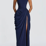 Cyra Back Lace-up Asymmetrical Pleats Strapless Slit Maxi Dress