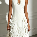 Delicate Silhouette Pearl Trim Cutout Neck Sleeveless 3D Florals Hem Mini Dress