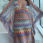 Casie Knit Colorful Zigzag Pattern Fringe Trim Cover-up Vacation Maxi Dress