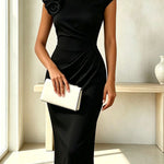 Elegant Solid Color Floral Embellished Pleated Waist Short Sleeve Midi Dress