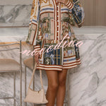 Palace Style Linen Blend Unique Print Button Balloon Sleeve Tie-up Shirt Mini Dress