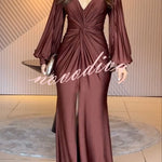 Raise A Toast Satin Long Balloon Sleeve Twist Waist Slit Maxi Dress