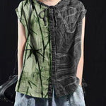 Organic Blackish Green Patchwork Ruffled Top Short Sleeve