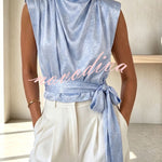 L'Aura Padded-Shoulder Wrap-Around Satin Top