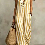 Fashionable Striped Print V-neck Ruffled Sleeveless Pockets Casual Midi Dress