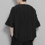 Vertical Striped Retro Tassel Stitching Short-sleeved Shirt