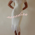 Solid Color V-neck Off-shoulder Slim-fit Tassel Midi Dress