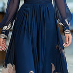Floral Print Patchwork Mesh Long-sleeved V-neck Fitted Waist Maxi Dress