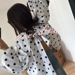 Issie Polka Dot Print Turtleneck Knotted Balloon Sleeve Back Slit Loose Blouse