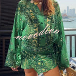 Sulena Linen Blend Ethnic Print Button Up Long Bell Sleeve Warp Tie-up Mini Dress