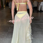 Colored Stones Detail Straps Elastic Bikini and Tulle Lace-up Waist Cover-up Maxi Skirt Three-piece Set