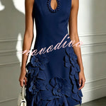 Delicate Silhouette Pearl Trim Cutout Neck Sleeveless 3D Florals Hem Mini Dress
