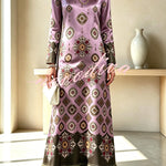 Cecilia Satin Colorful Baroque Style Printed Long Sleeve Feather Trim Maxi Dress