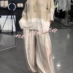 Lucy Knit Cutout Layered Design Half Sleeve Top and Satin Elastic Waist Pocketed Lantern Pants Set