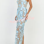 Sienna Floral Embroidered Fabric Off Shoulder Mermaid Silhouette Slit Maxi Dress