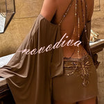 Alula Chain Sequin Embroidered Butterfly Kimono Slit Sleeve Backless Mini Dress