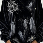 Spooky Season Velvet Long Sleeve Halloween Shirt with Buttons