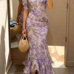 Unique Print Stand Collar Puff Sleeve Slim Fit Ruffle Maxi Dress