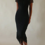 Solid Color V-neck Off-shoulder Slim-fit Tassel Midi Dress