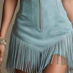 Western Retro Light Blue Faux Suede Sleeveless Tassel Mini Dress