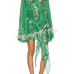 Sulena Linen Blend Ethnic Print Button Up Long Bell Sleeve Warp Tie-up Mini Dress