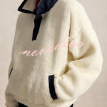 Cute Bear Print Colorblock High-Pile Fleece Zipper High Neck Long Sleeve Pocket Sweatshirts