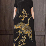 Fitted Yellow Mandarin Collar Print Pockets Silk Long Dresses Short Sleeve