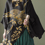 Art Black Asymmetrical Design Embroideried Summer Ramie Shirt Tops