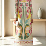 Cecilia Satin Colorful Baroque Style Printed Long Sleeve Feather Trim Maxi Dress