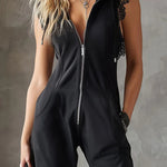 Stylish Hooded Sleeveless Lace Zipper Casual Sports Jumpsuit