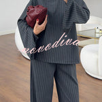 High Level Striped High Neck Long Slit Sleeve Top and Elastic Waist Pocket Loose Pants Set
