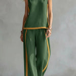 Linen Blend Color-blocked Round Neck Sleeveless Loose Top and Elastic Waist Casual Pocket Wide-leg Pants Set