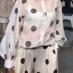 Grazia Polka Dot Sheer Long Balloon Sleeve Shirt and Elastic Waist Pocket Wide Leg Pants Set