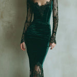 Elegant Green Velvet Long Sleeve Lace Midi Dress