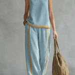 Linen Blend Color-blocked Round Neck Sleeveless Loose Top and Elastic Waist Casual Pocket Wide-leg Pants Set