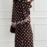 Verne Linen Blend Polka Dot Batwing Sleeve Top and Elastic Waist Pocket Loose Pants Set