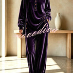 Velvet Button Detail Shirt Neck Top and Elastic Waist Pocket Wide Leg Pants Set