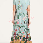 Mezcal Satin Floral Print Contrast Color Printed Short Sleeve Pocket Feather Trim Maxi Dress