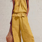 Linen Blend Round Neck Sleeveless Ruffled Top and Elastic Waist Casual Pocket Wide-leg Pants Set