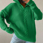 Zipper Lapel Twist Loose Solid Color Knitted Sweater
