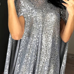 Cape Long Sleeves Sequined Shiny Split-Joint Mock Neck Mini Dresses