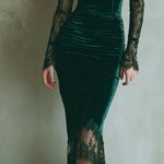 Elegant Green Velvet Long Sleeve Lace Midi Dress